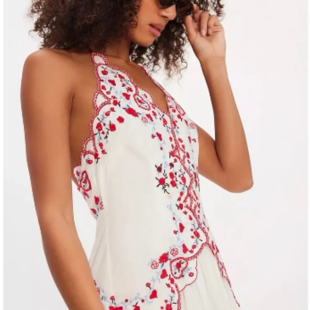 Free People White Maxi Cotton Dress with Red Embroidery - Picture 5 of 15